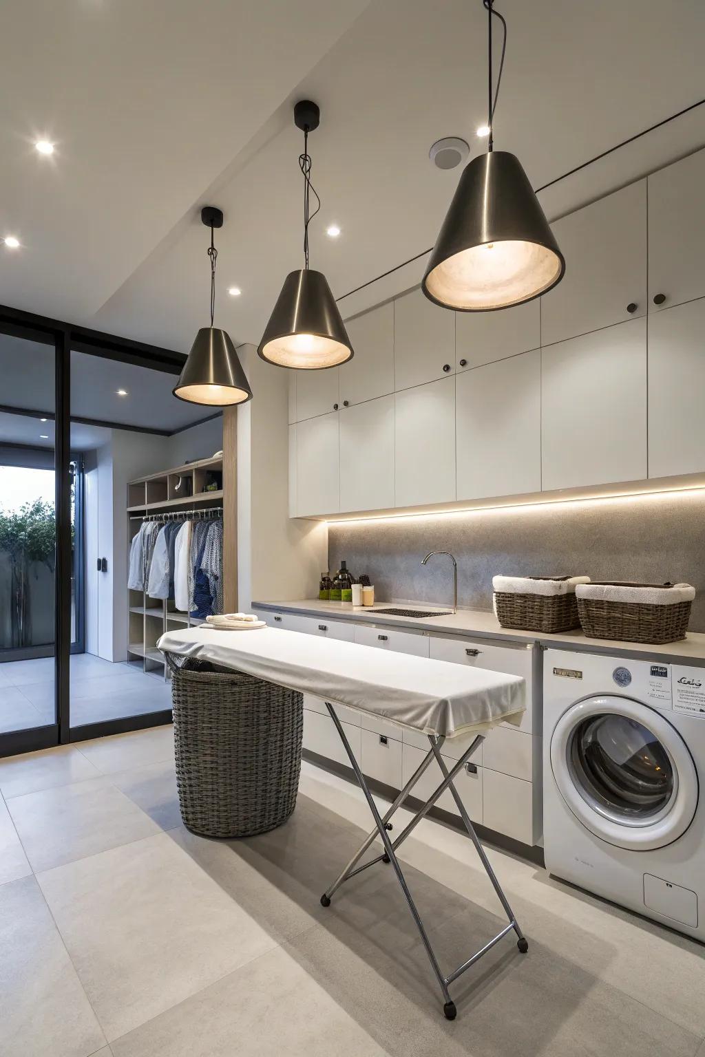 Functionality marries elegance with stylish drop lights in the laundry room.