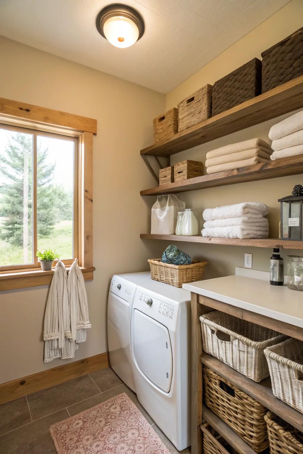 Subtle neutral palettes can impart a feeling of spaciousness and warmth to your laundry zone.