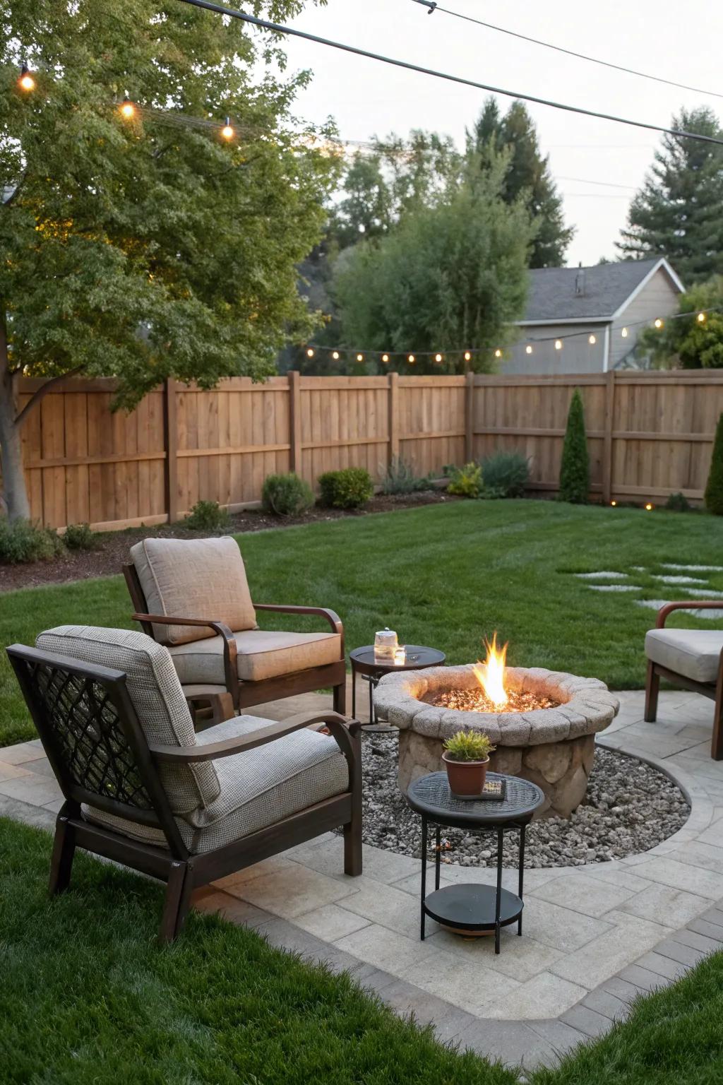 An attractive outdoor living zone with places to sit and a place to make fire, perfect for hosting.