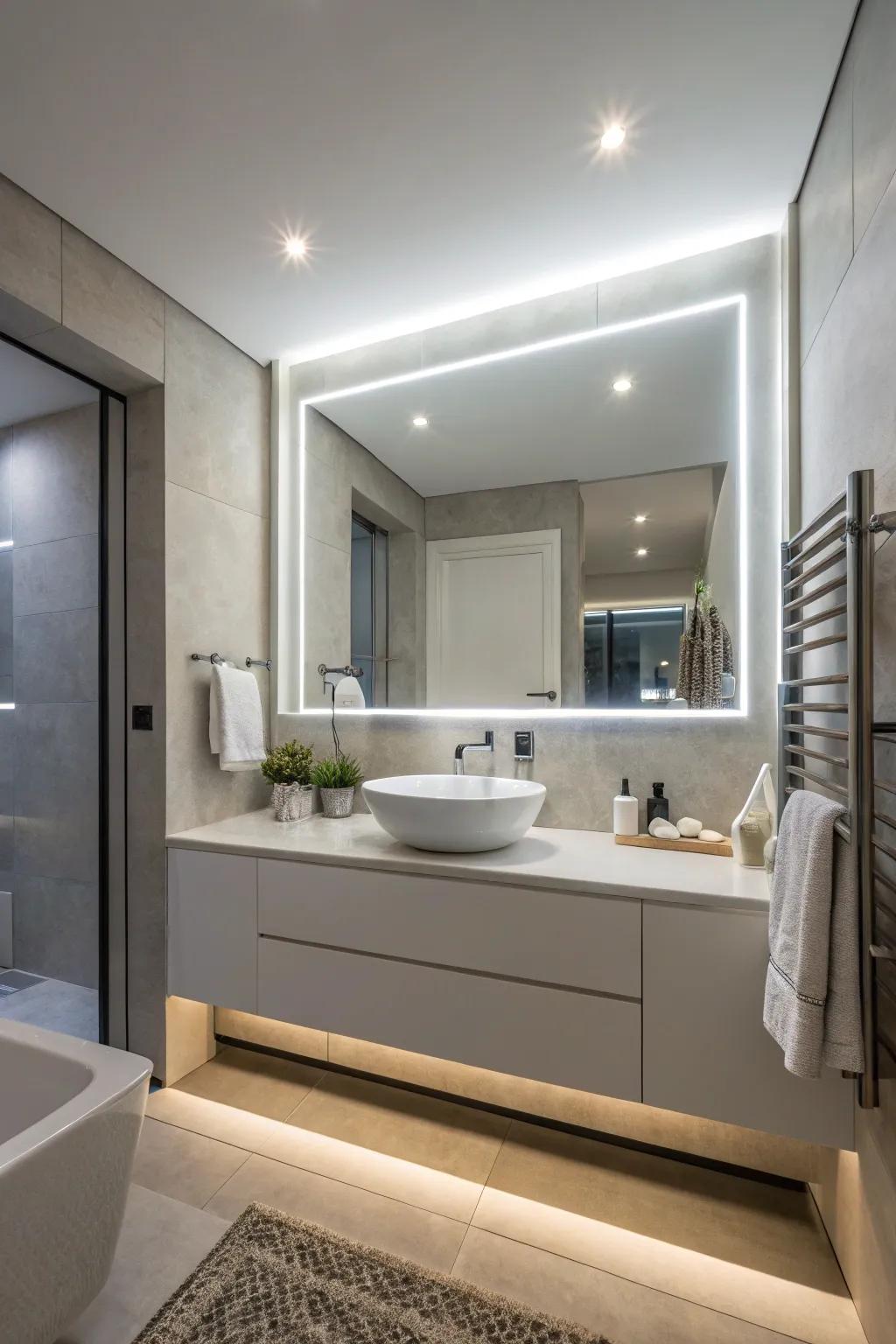 A backlit LED mirror provides a comforting glow in a modern bathroom setting.