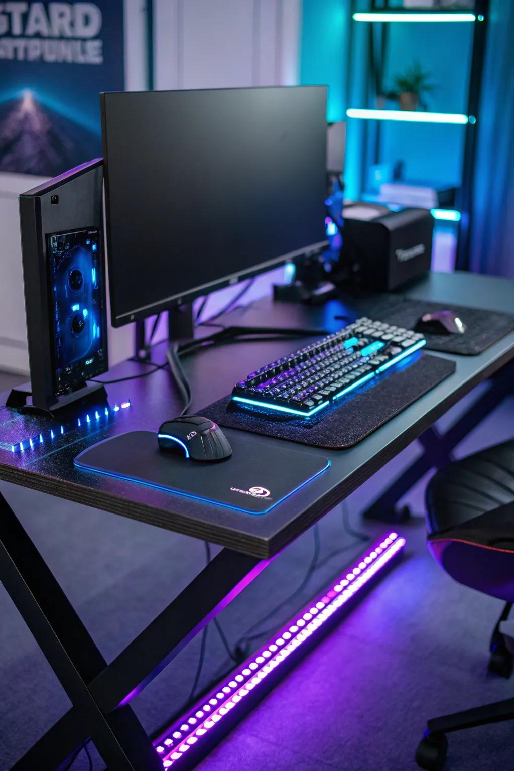 LED ribbons framing desk edges, enhancing the gaming atmosphere.