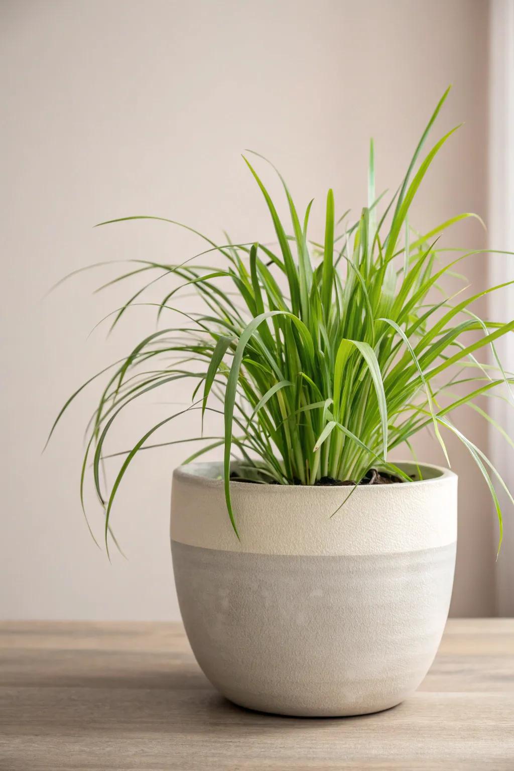 Enhance your decor with the sleek sophistication of contemporary pottery, a stunning backdrop for the lively beauty of lemongrass.