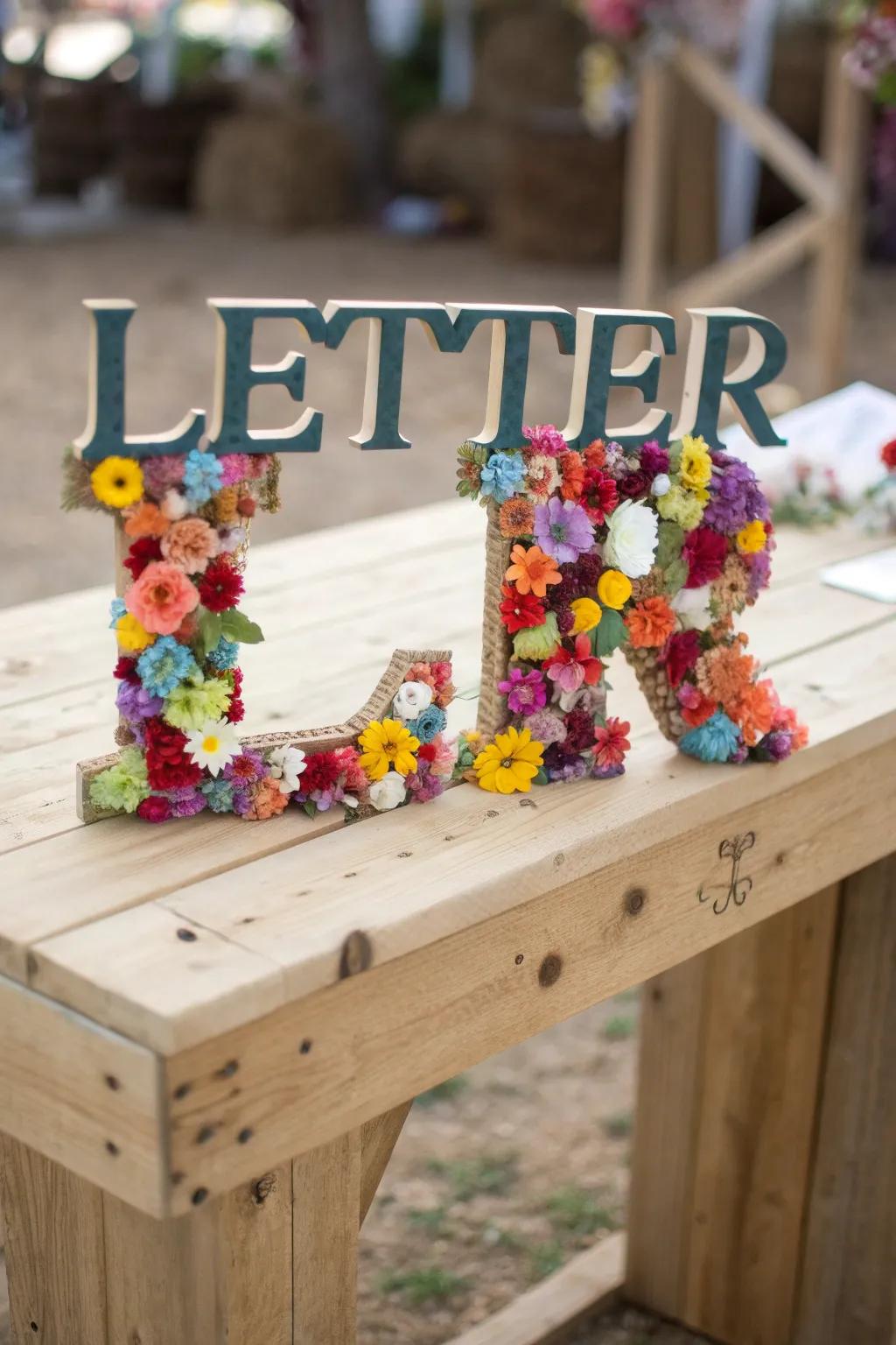 A letter beautifully adorned with colorful artificial flowers.