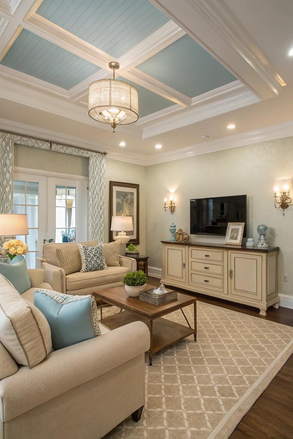 A spacious living area showcased with a sky-blue ceiling complemented by neutral decor.