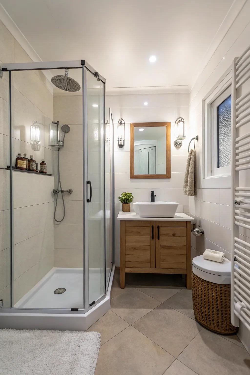 A space-maximizing corner shower in a modest bathroom.