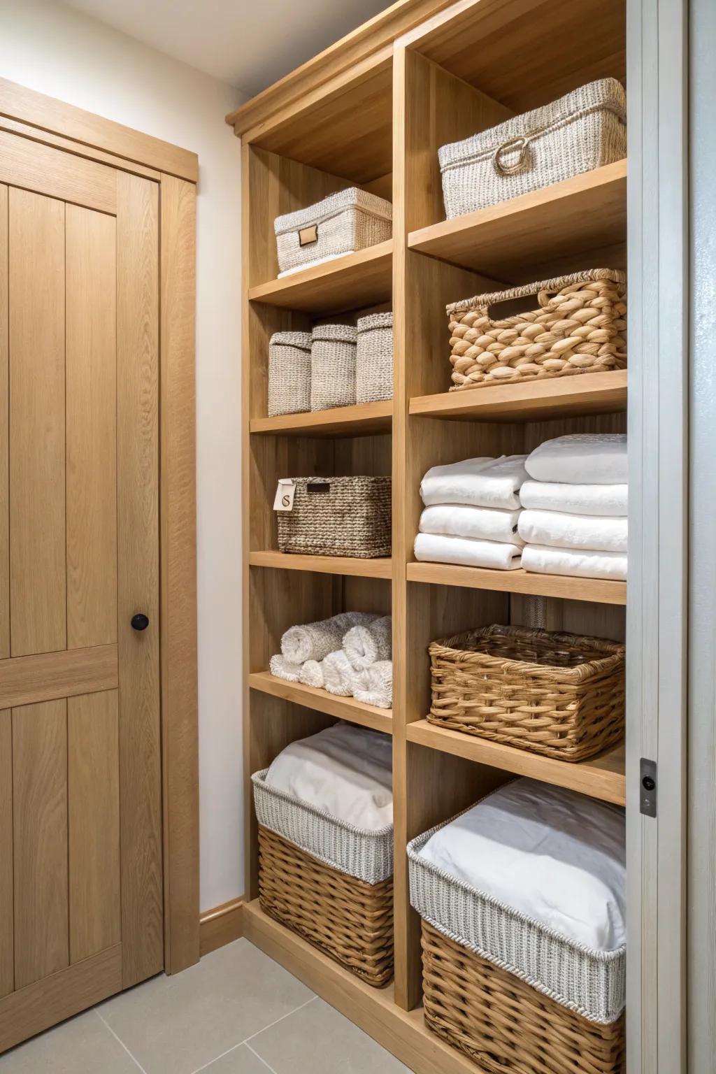 Bespoke timber shelving delivers a refined touch to your linen closet.