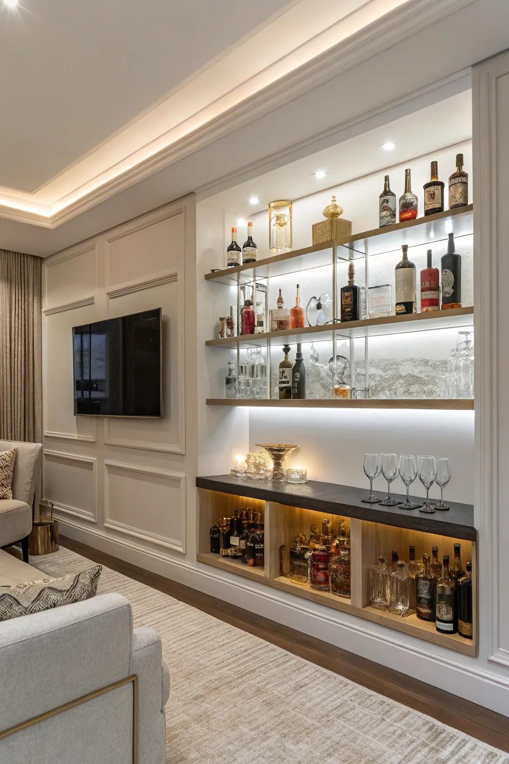 Sleek liquor presentation using floating shelves.