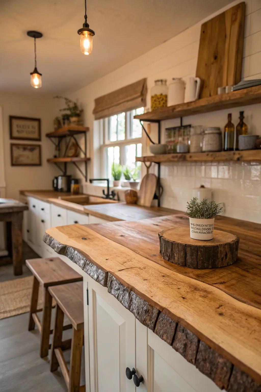 A kitchen where the natural wood texture of a live edge countertop takes precedence.
