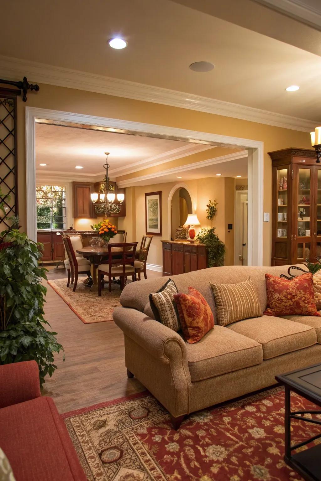 A sofa elegantly separates the living space from the dining area, providing both function and aesthetic appeal.
