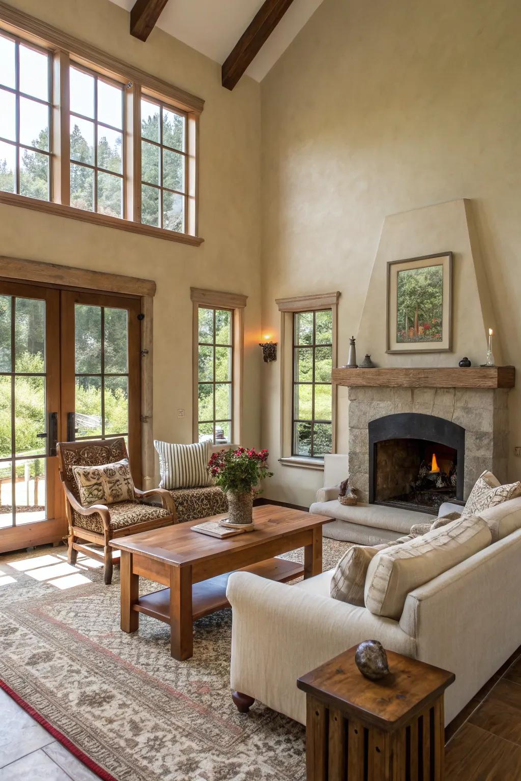 Neutral palettes fashion the quintessential backdrop for a farmhouse-inspired living area.