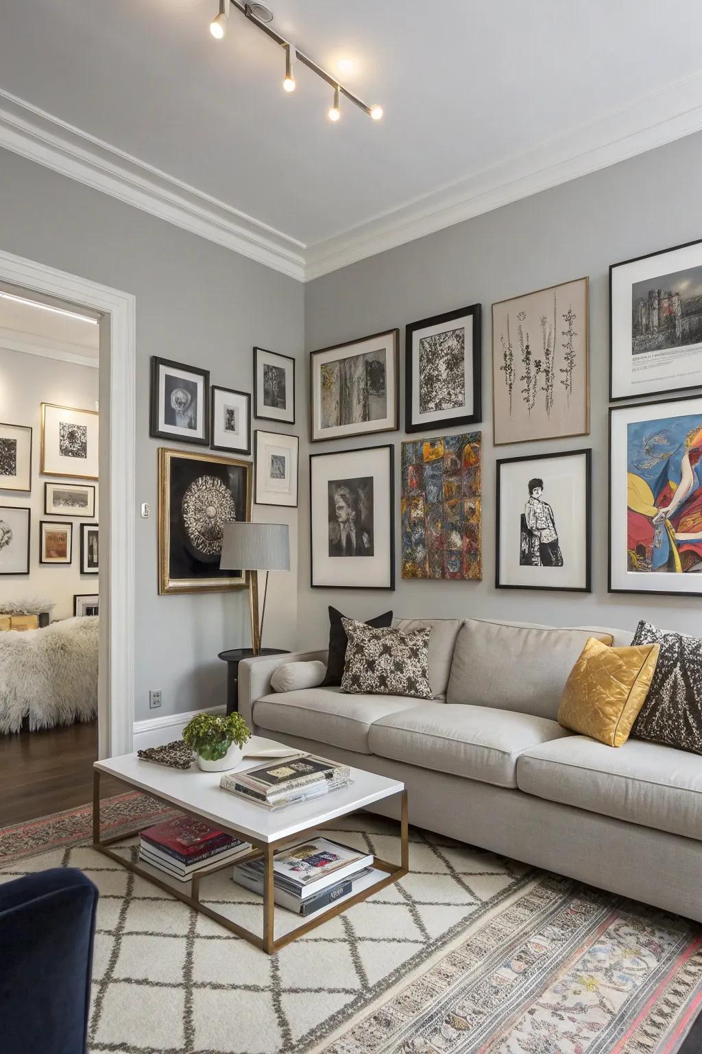 Use a prominent piece as the anchor for your gallery presentation, building the arrangement around it for a timeless aesthetic.
