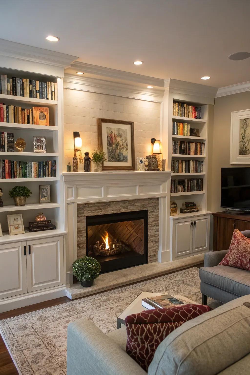 Sophisticated built-in shelves enhancing a welcoming fireplace.
