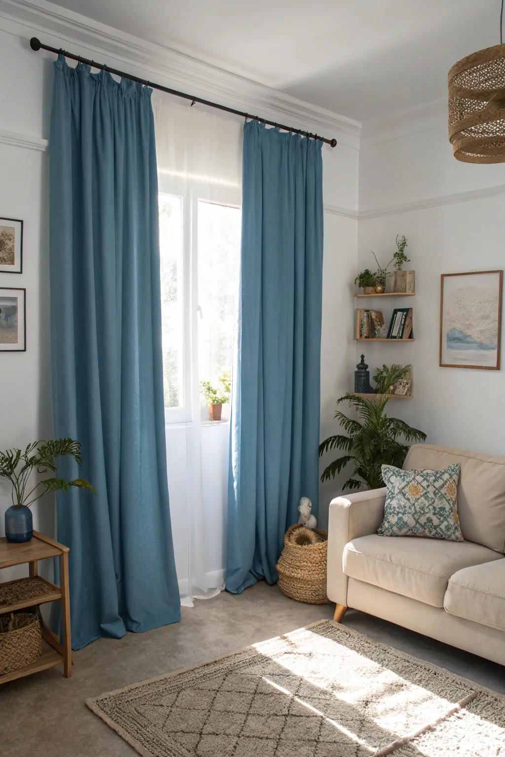 A serene living area showcasing azure window coverings and understated shades, conjuring a tranquil and sophisticated setting.
