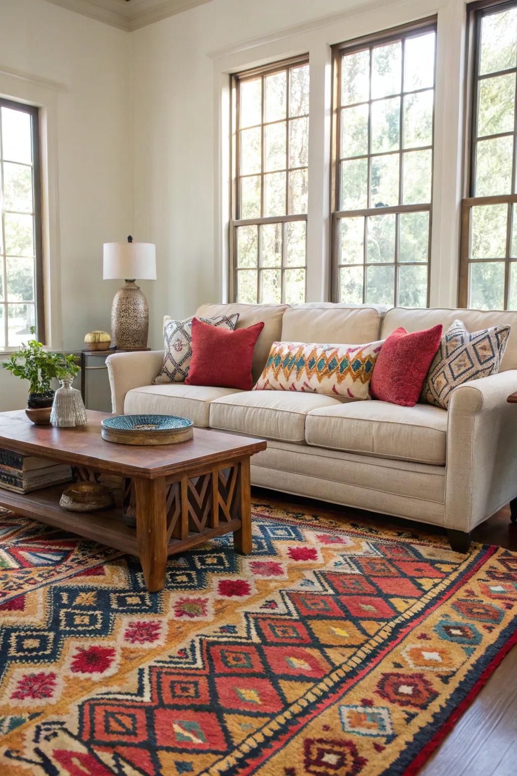 A vibrant rug has the ability to invigorate your living space, emphasizing a neutral couch in a truly captivating manner.