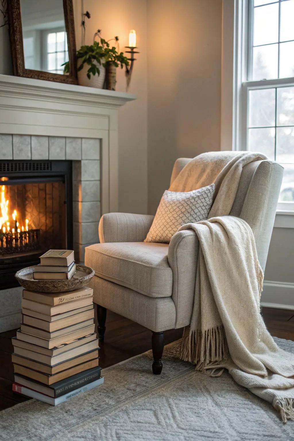 An inviting living room corner, showcasing a fireplace paired with a cozy armchair perfect for reading.