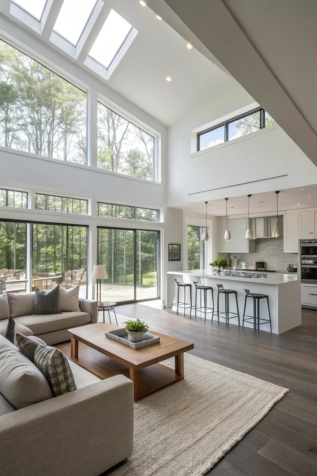 An open-concept area seamlessly integrates the living and cooking spaces.