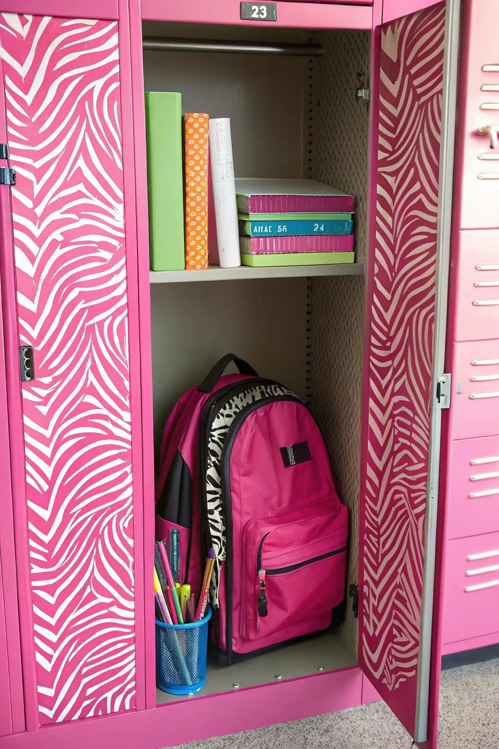 A locker overflowing with bright pink and zebra patterns, offering a lively touch.