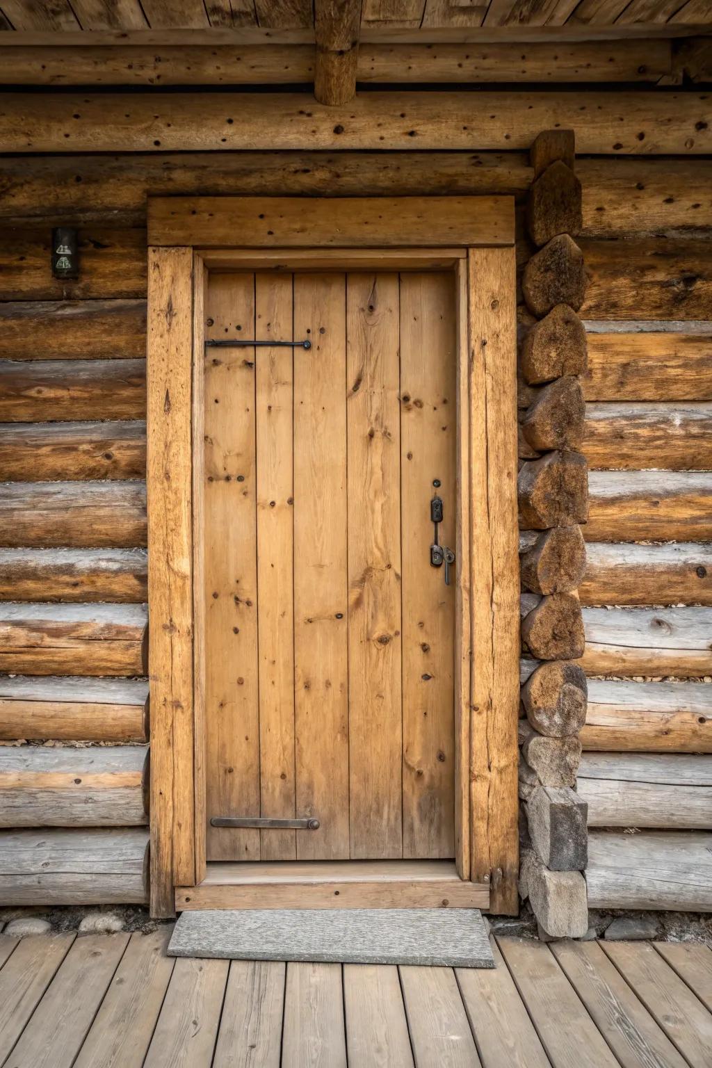 A rustic log cabin door showcasing the natural wood grain.