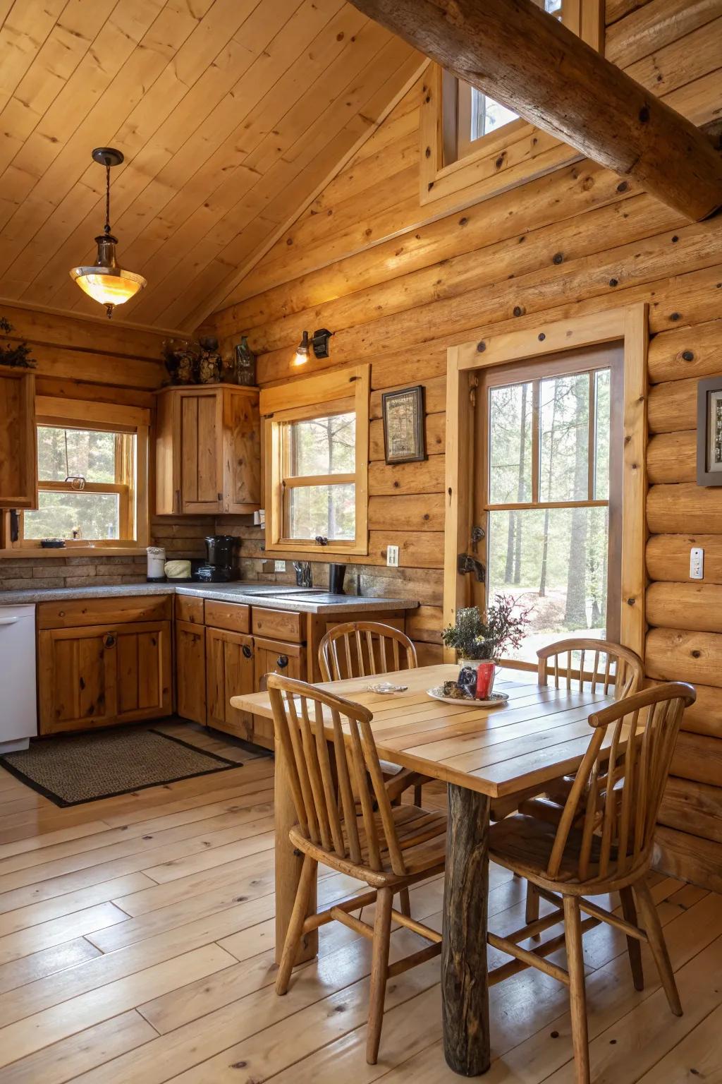 A log cabin kitchen displaying all-natural lumber cabinets and walls.