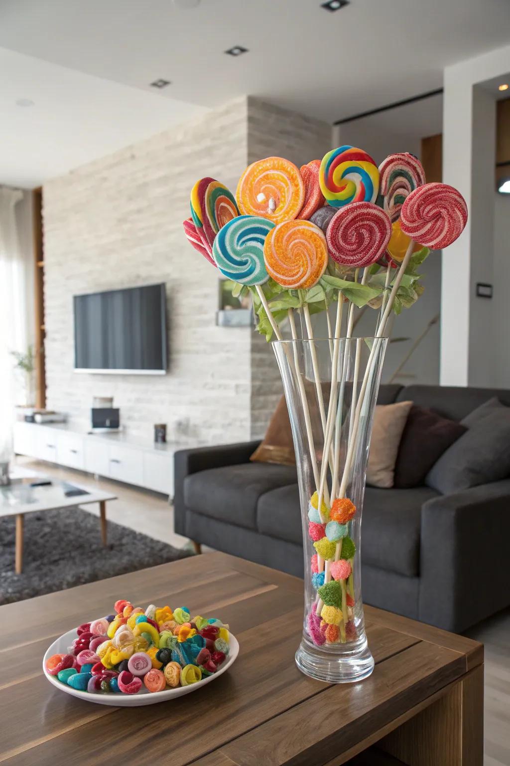 The rainbow cascade of lollipops casts a cheerful glow across the space.