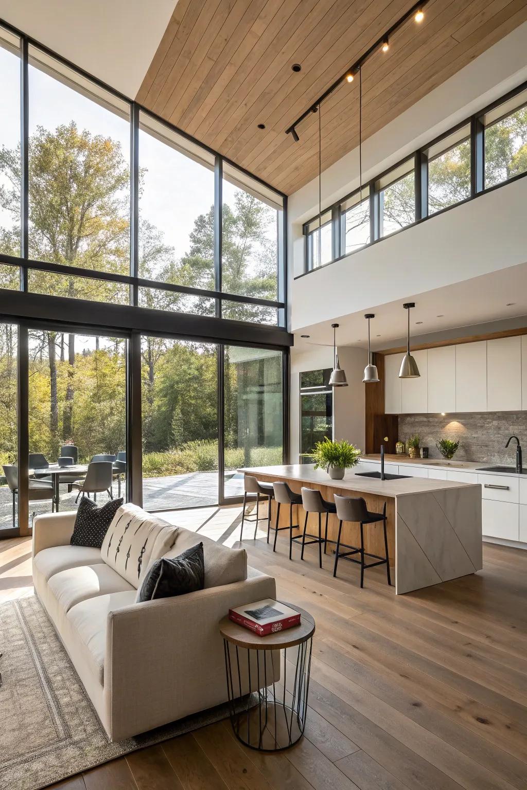 Sunlight enriches the openness of this unified kitchen and living zone.