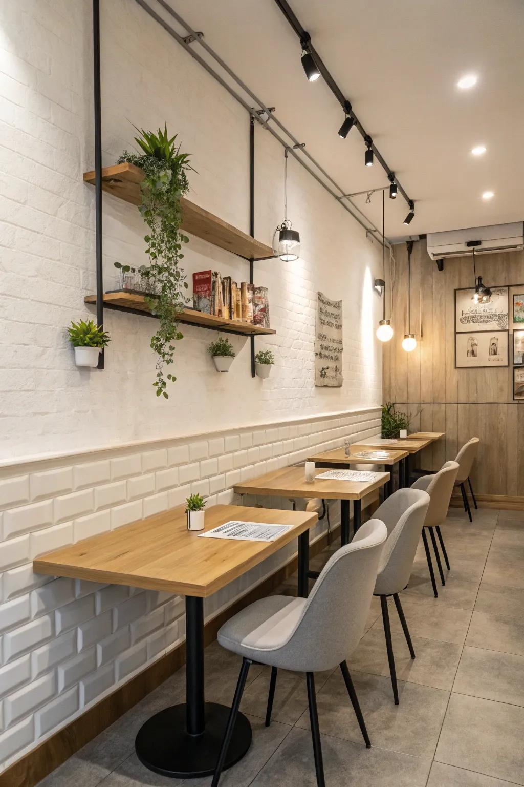 Minimalist design fosters a tranquil atmosphere in a compact restaurant.