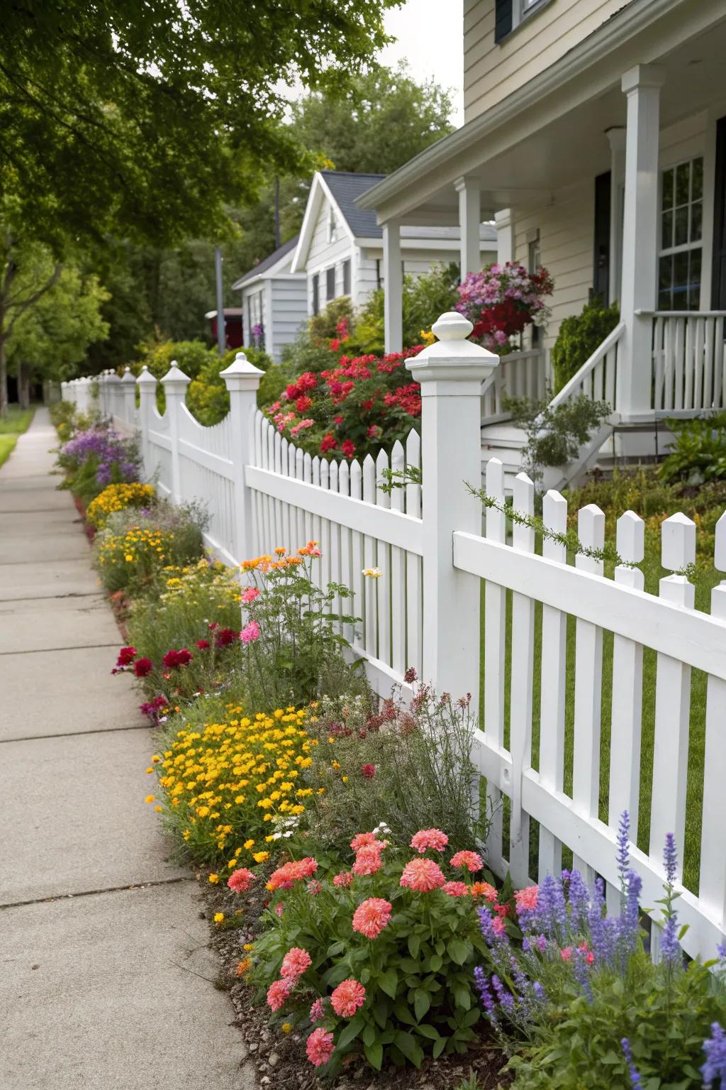 An ivory weave picket fence, encircled by radiant blossoms, introduces a traditional element to this front yard.