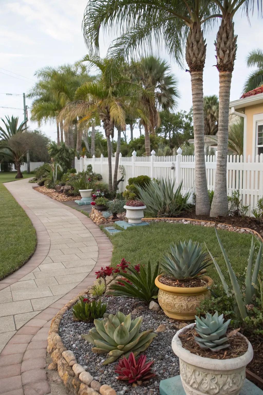 Plants tolerant to dry spells flourishing in a Florida front yard.
