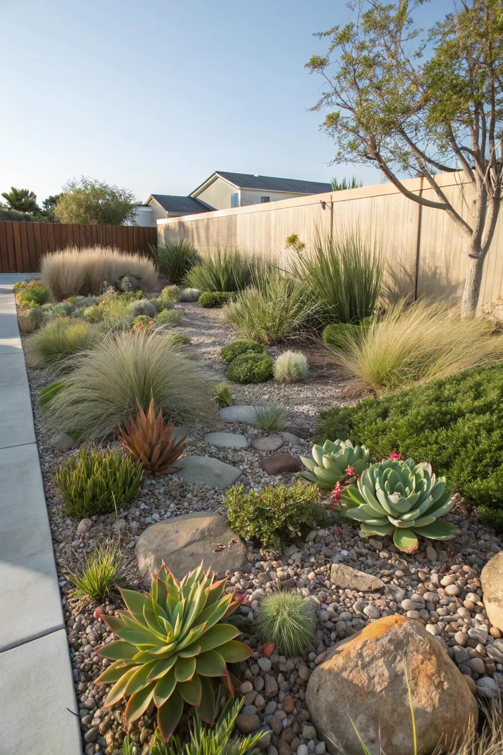 A front yard showcases arid-condition verdant plants and local grasses.