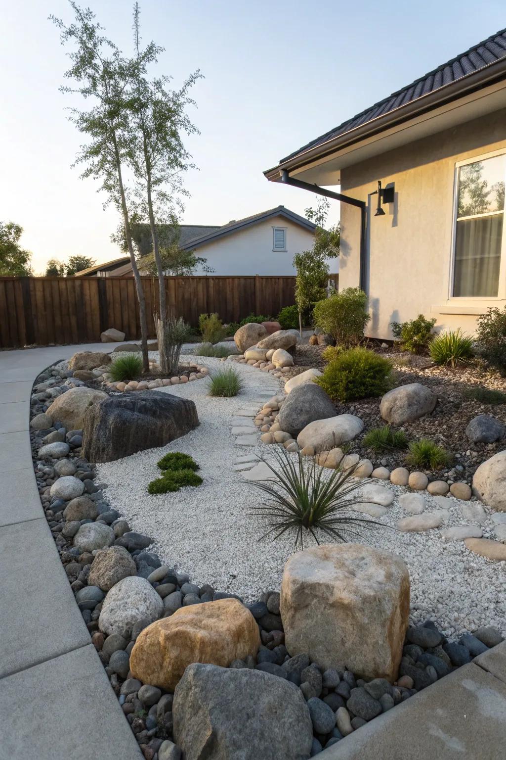 A serene stone enclosure showcasing various stone measurements and understated plants.