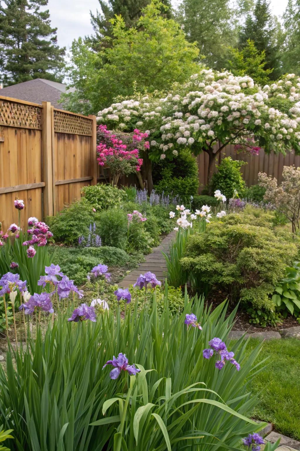 Oregon iris and Douglas spiraea gracing a native Portland garden, necessitating minimal attention.