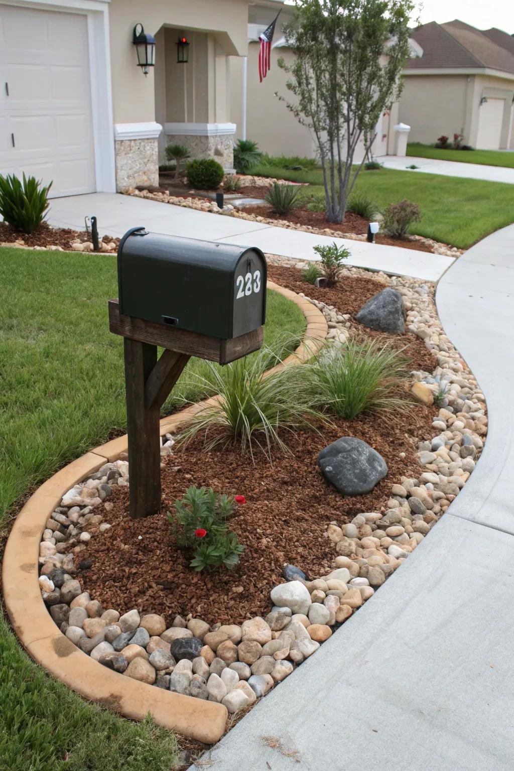 Mulch combined with ornamental stones crafts a refined, easy-care landscape for your mailbox.