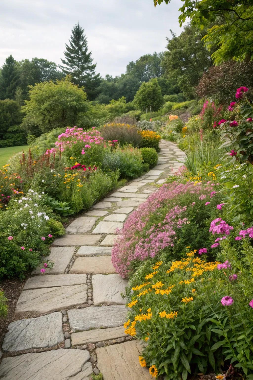 An enchanting stone path amidst a perennial sanctuary.