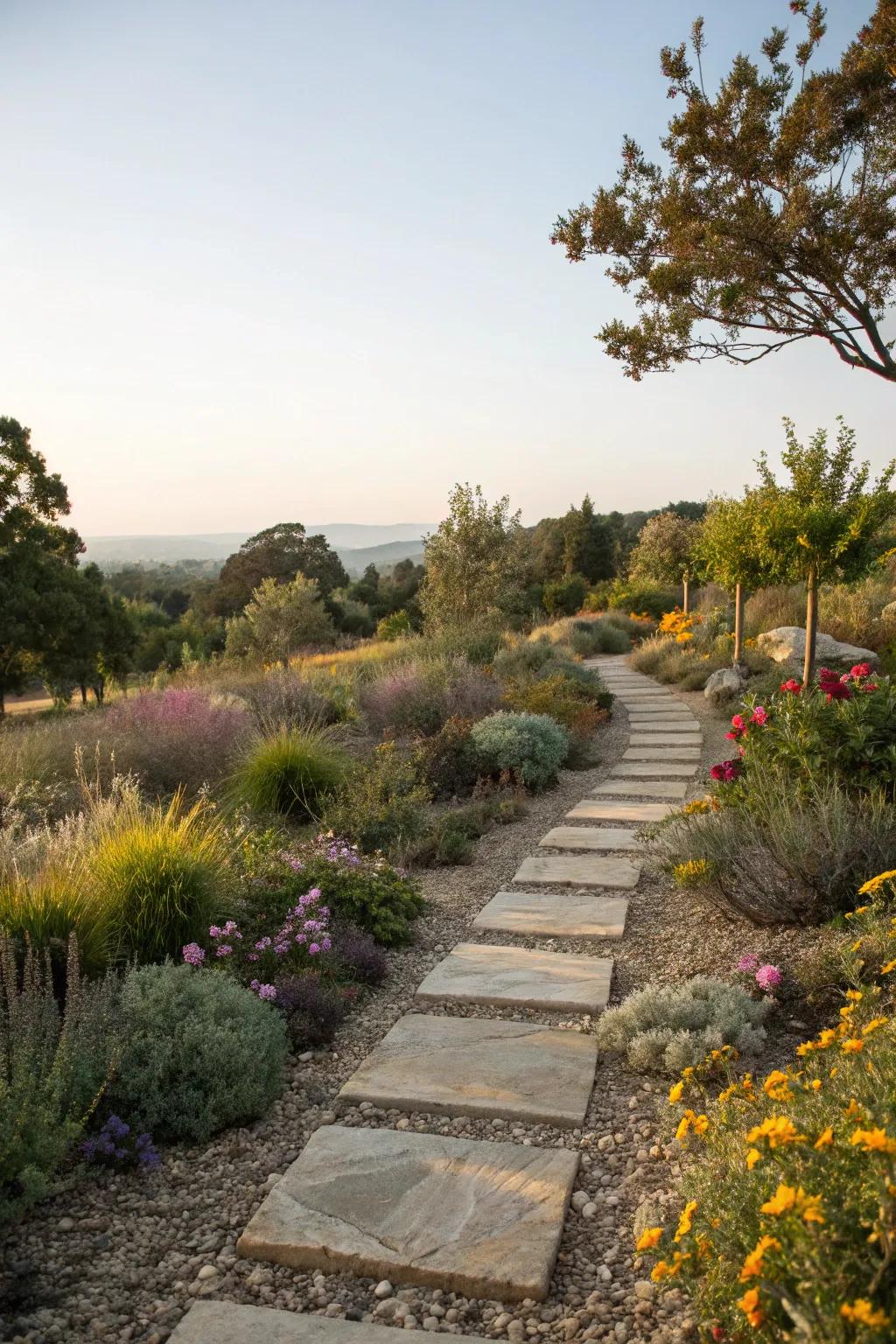 A clearly defined pathway with stone borders adds sophistication and form.