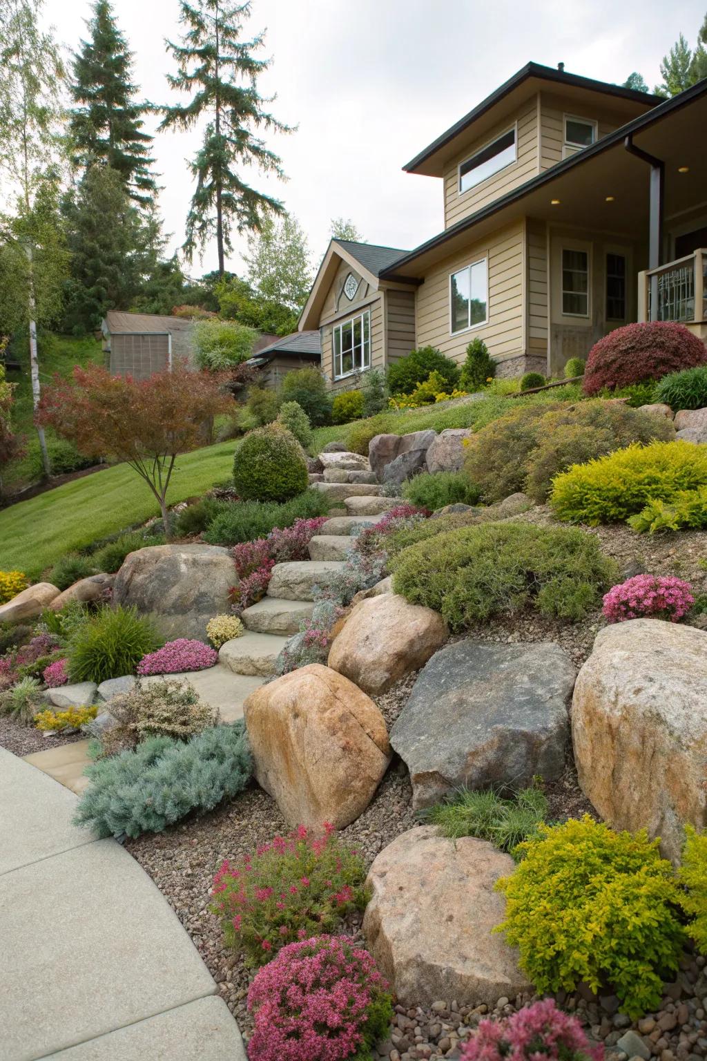 A rock garden that mixes beauty with functionality on a sloping front yard.