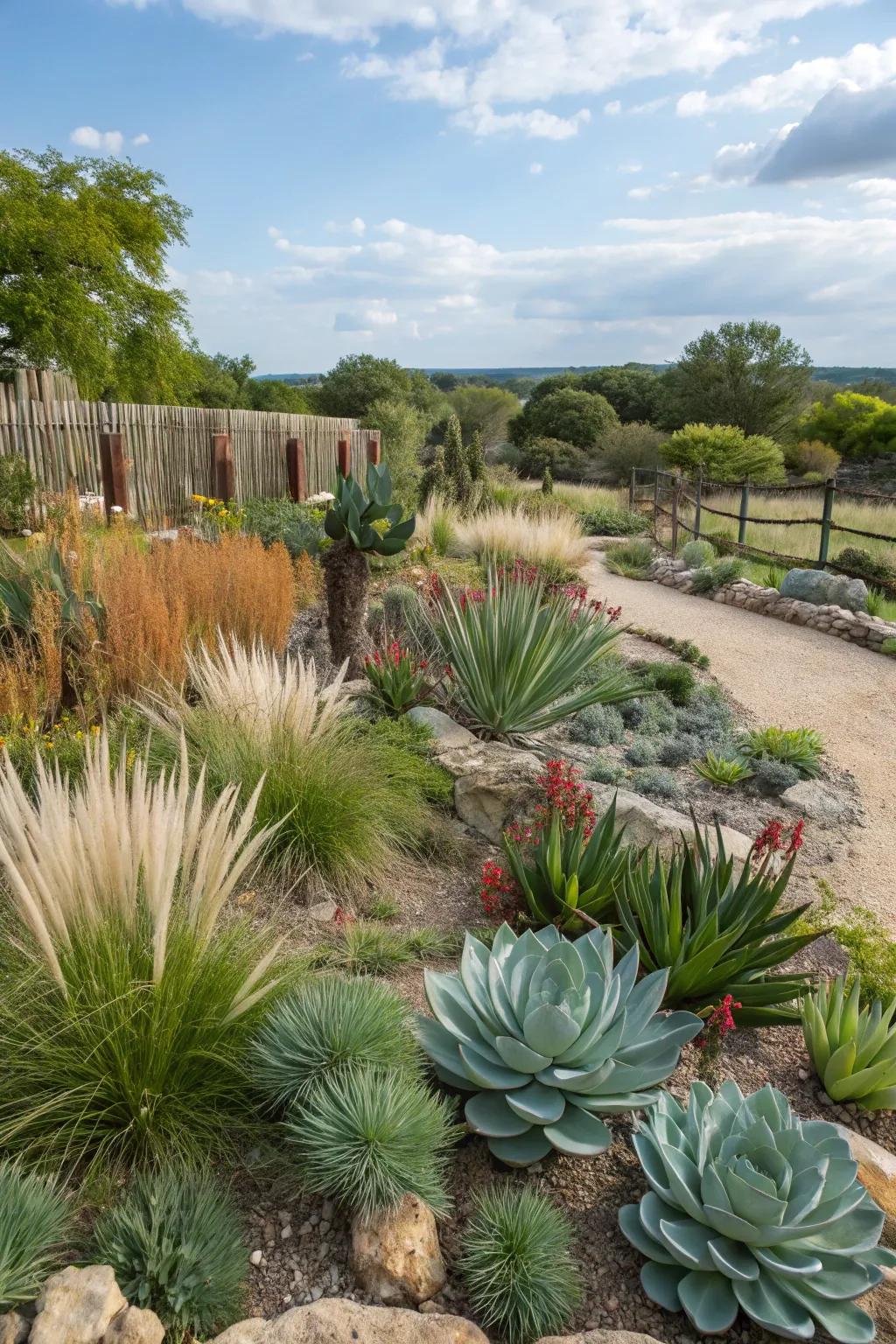 Plants suited to arid conditions, like succulents and native grasses, prosper in Texas settings.