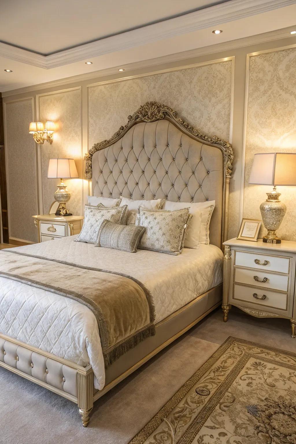 A luxurious bedroom displaying an exquisite bed with a detailed headboard and premium bedding.