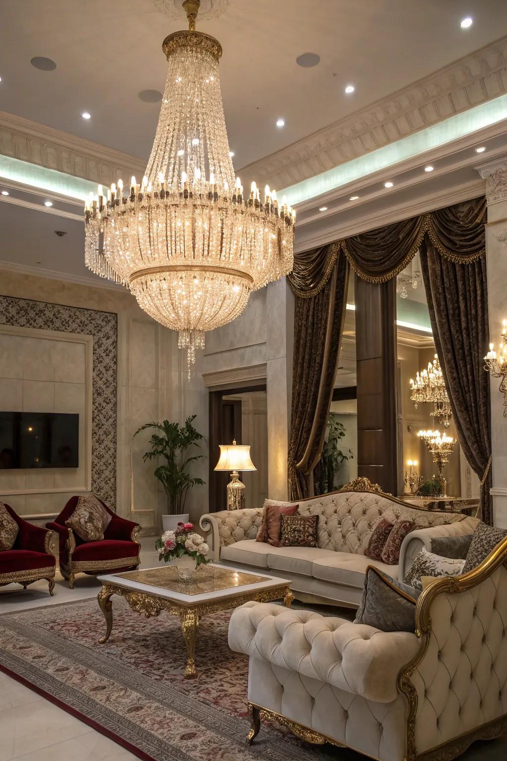 A majestic chandelier is the focal point in this glam living room.