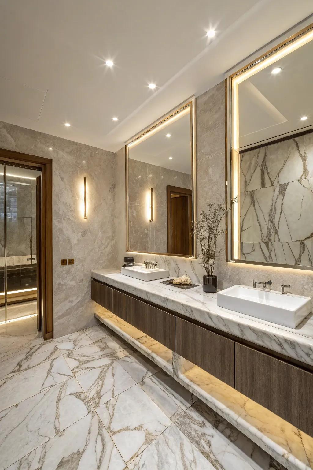 Marble surfaces and decor add sophistication to this bathroom.