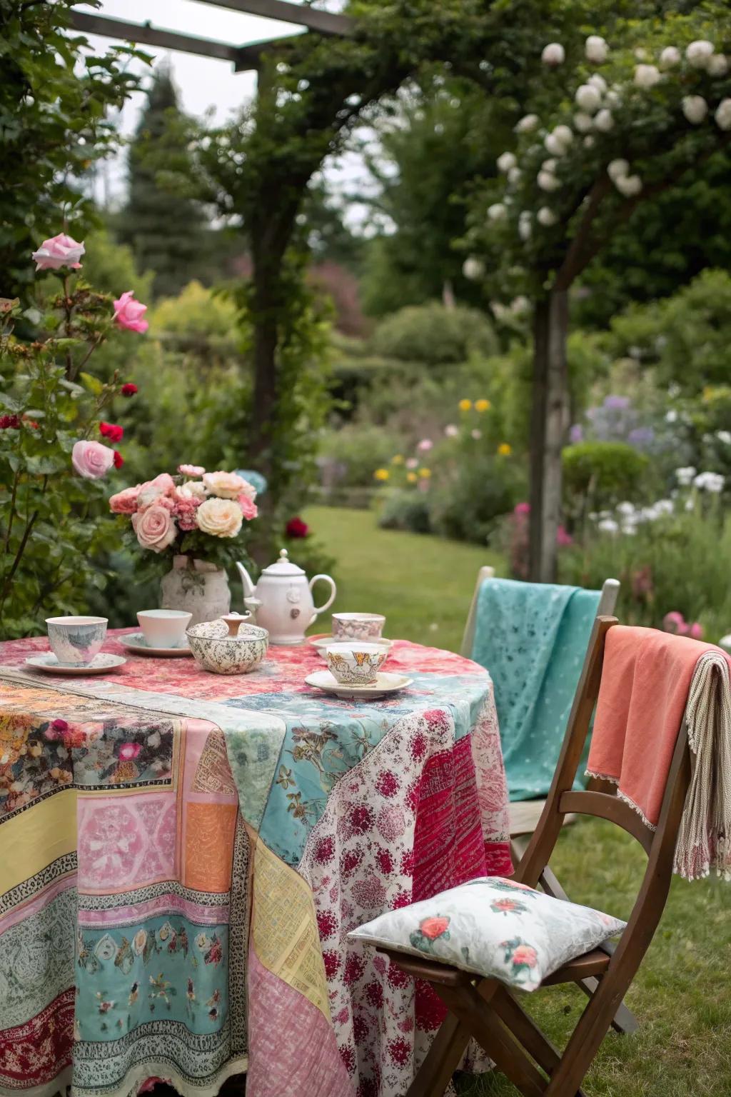 A unique tea table featuring mismatched teacups and vibrant tablecloths, ideal for a Mad Hatter celebration.