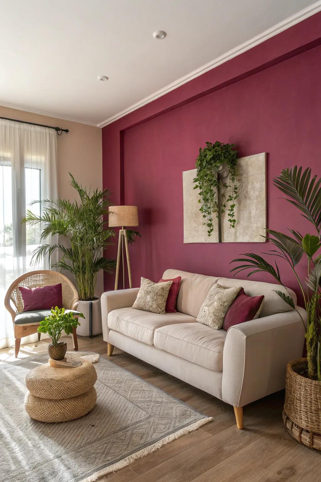 A cerise accent wall infuses the perfect amount of boldness into this inviting living room.