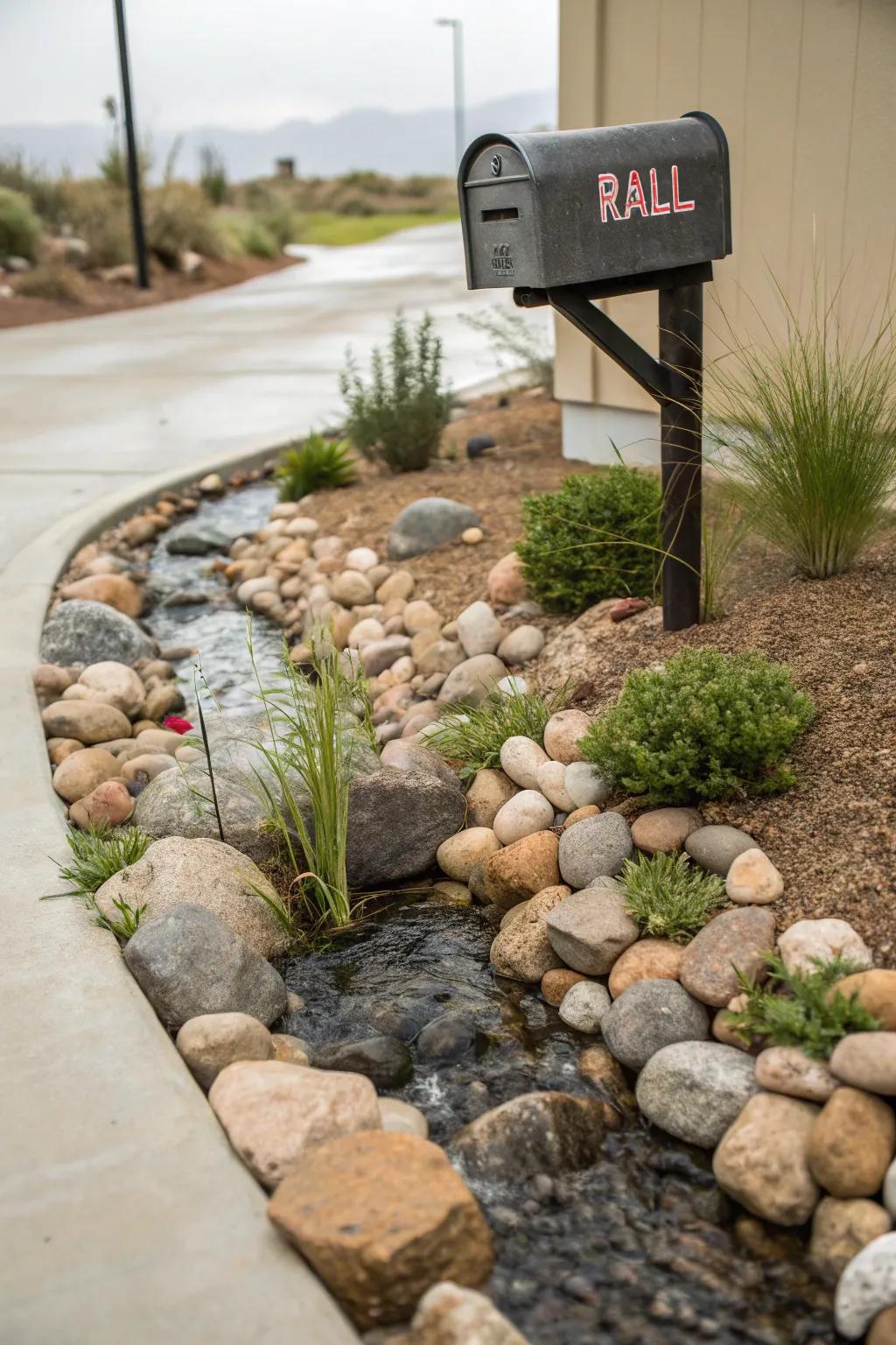 A tranquil stone river design imparts serenity to your mailbox space.