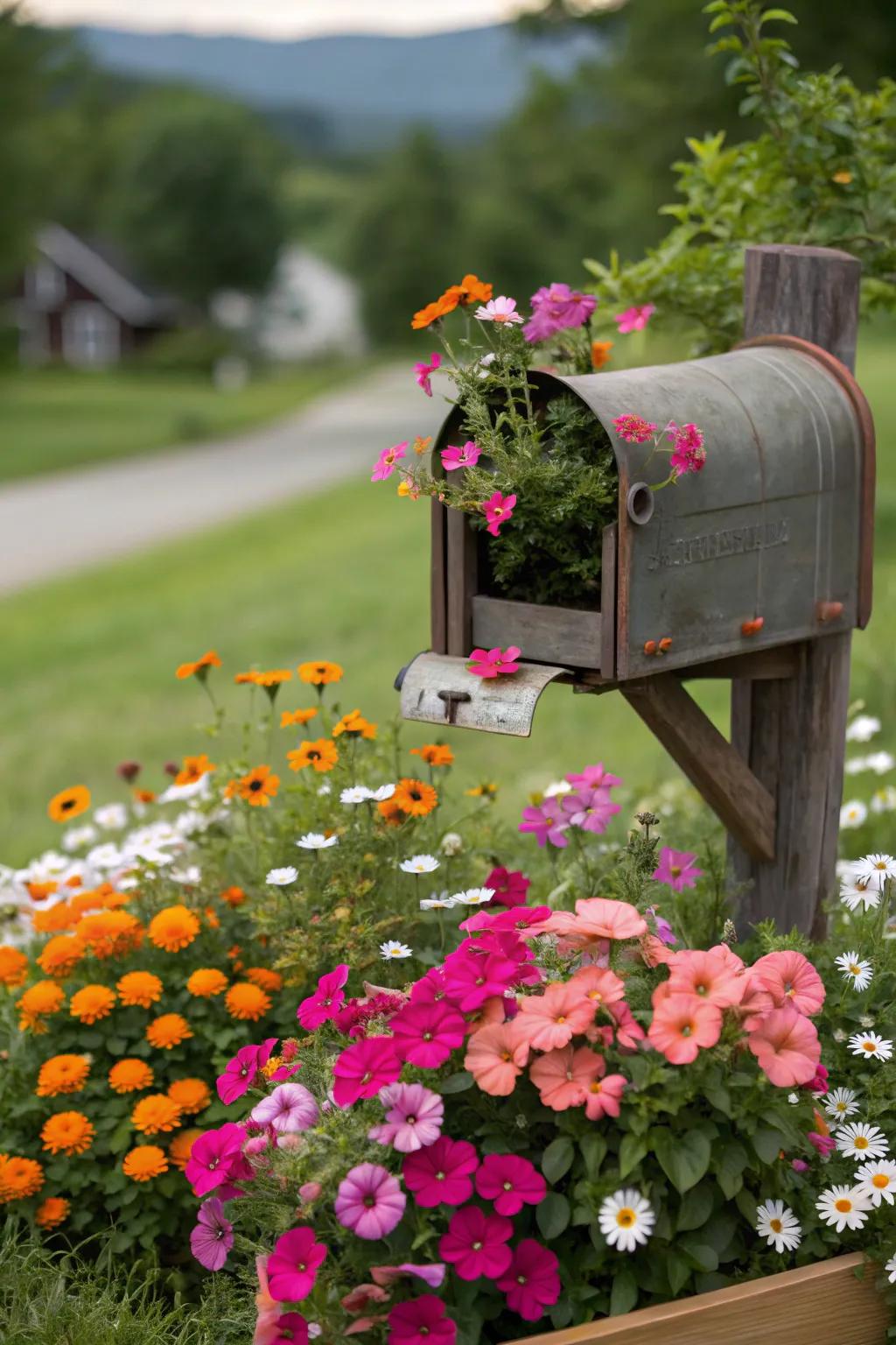 A vibrant floral arrangement transforms a simple mailbox into a welcoming beacon.