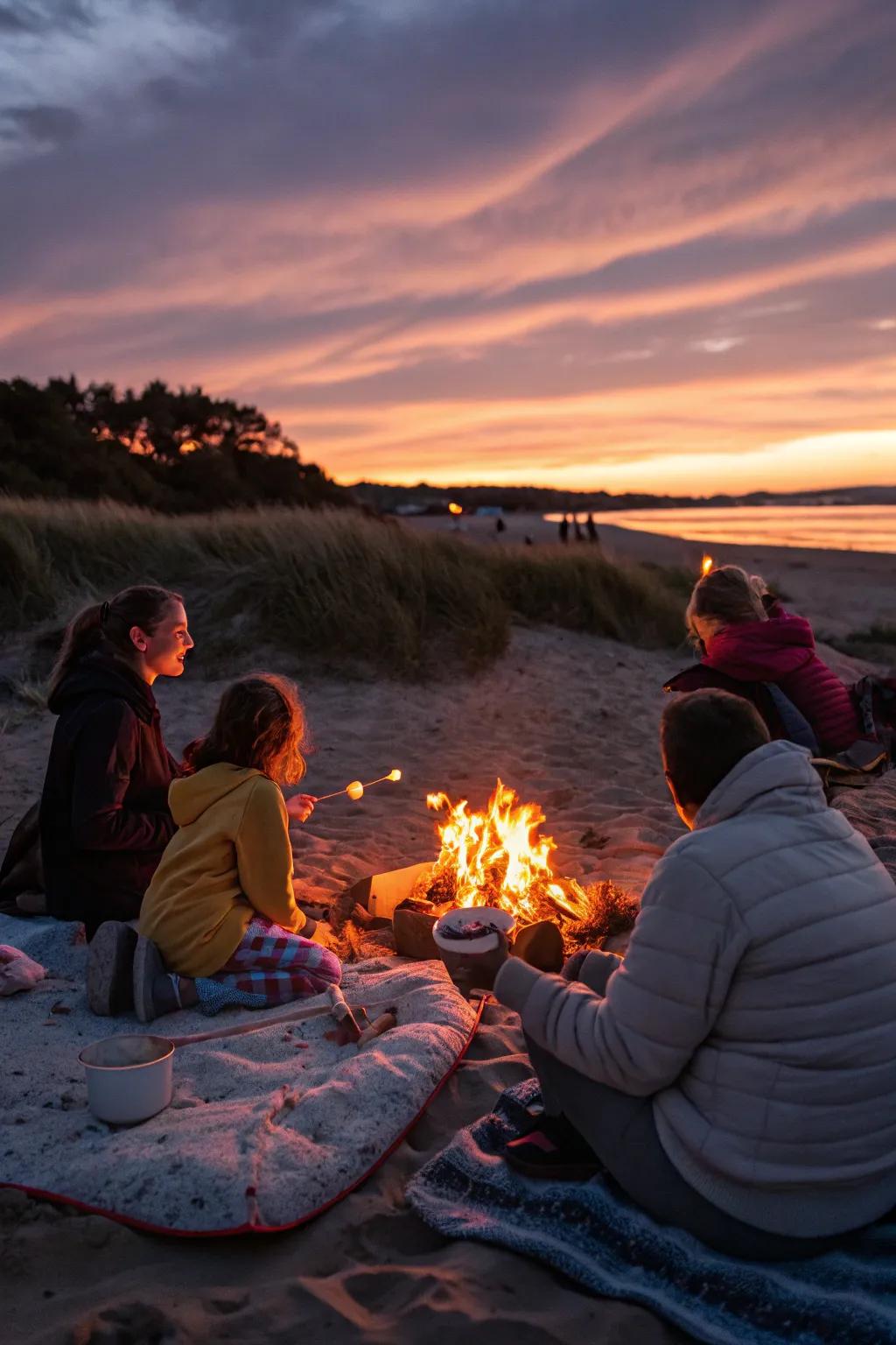 A welcoming beach bonfire setup, fostering connection through shared storytelling.