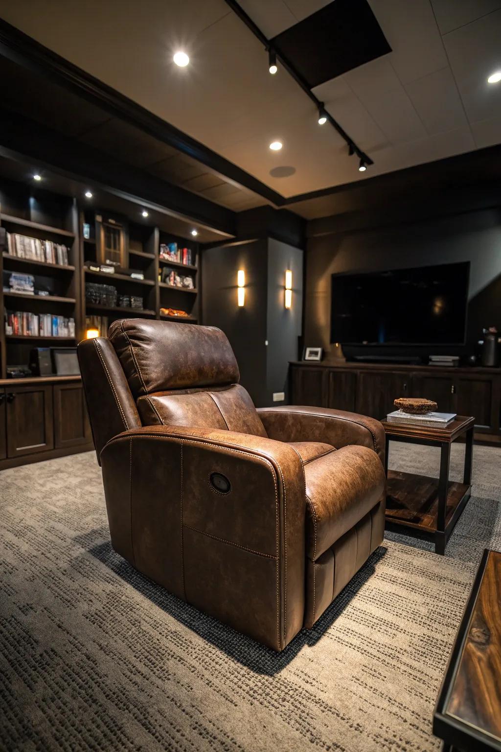 A timeless leather recliner imparts refinement to your man cave.