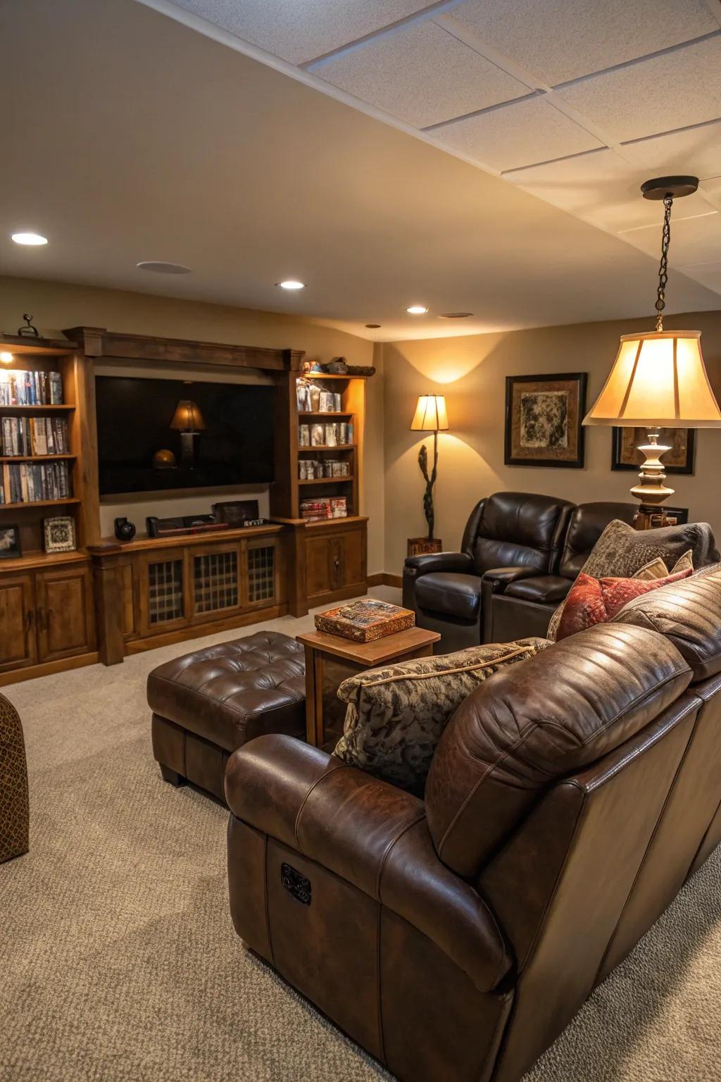 A snug man cave showcasing a lavish leather sofa and recliners.