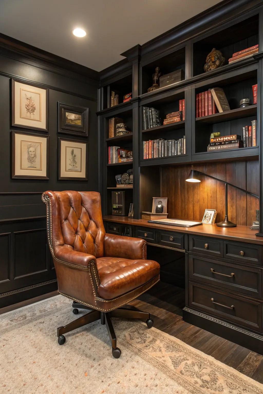 A lavish hide chair enhances the comfort within the office.
