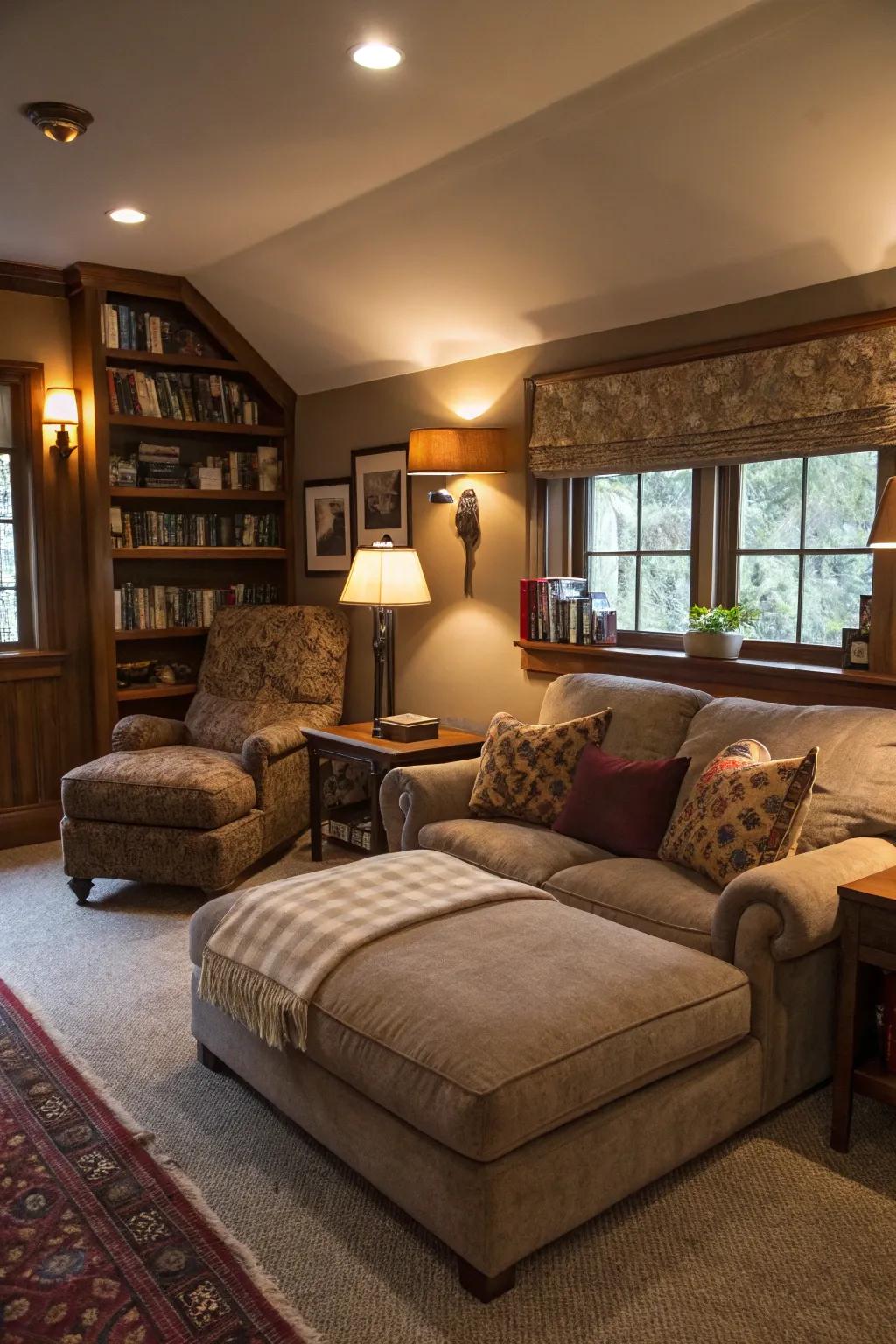 A comfortable lounge space enhanced with plush seating and a fashionable divan.