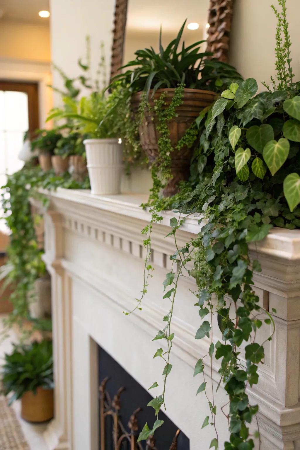 Lush greenery brings a fresh and vibrant touch to this everyday mantel.