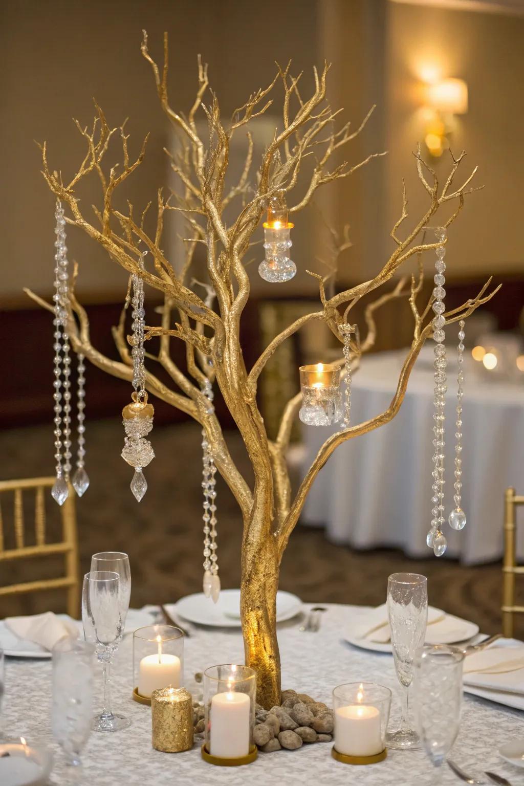 Gold-enhanced manzanita branches with crystals crafting an alluring centerpiece.